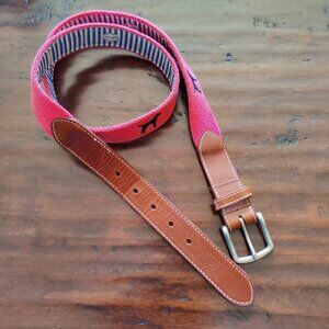 Men's JT Spencer Pink Black Woven Golden Retriever Dog Print Belt Leather Sz 40